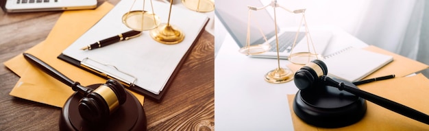 Business and lawyers discussing contract papers with brass scale on desk in office Law legal services advice justice and law concept picture with film grain effect