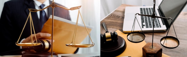 Business and lawyers discussing contract papers with brass scale on desk in office Law legal services advice justice and law concept picture with film grain effect