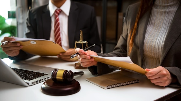 Business and lawyers discussing contract papers with brass scale on desk in office. Law, legal services, advice,  justice and law concept .