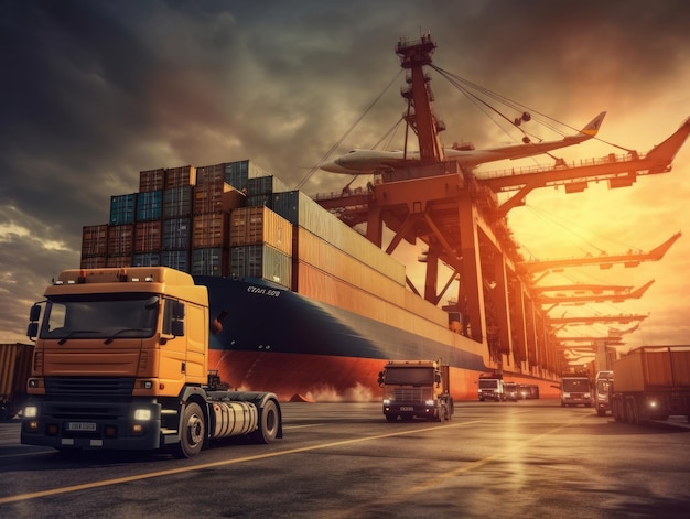 Business logistics and transportation concepts of container trucks ships in port and freight cargo planes in transport and importexport commercial logistics Generative AI