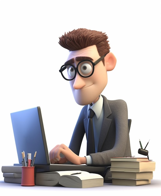 Business man character is busy working in front of laptop 3d illustration generative ai