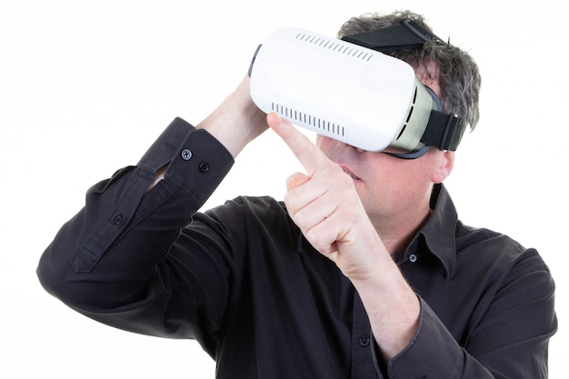 Business man enjoy with virtual reality glasses isolated 