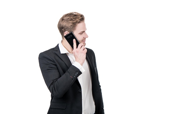 Business man in formalwear talk on cellphone isolated on white copy space mobile talking