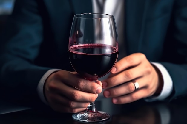 business man hands holding a red wine glass generative ai