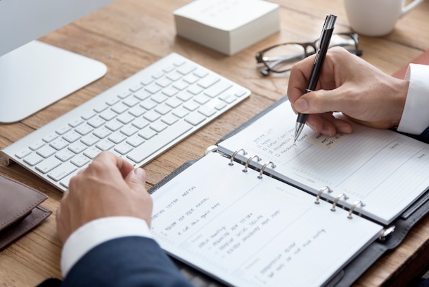 Business Man Hands Schedule Notebook Concept