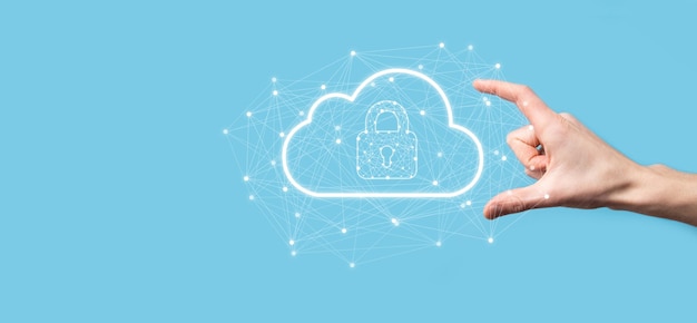 Business man hold,holding cloud computing data and security on global networking,Padlock and cloud icon. Technology of business.Cybersecurity and information or network protection.internet project