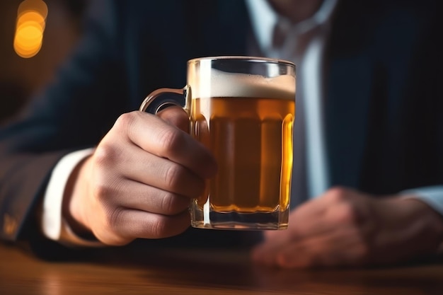 A business man holding a glass of cold beer Generative AI