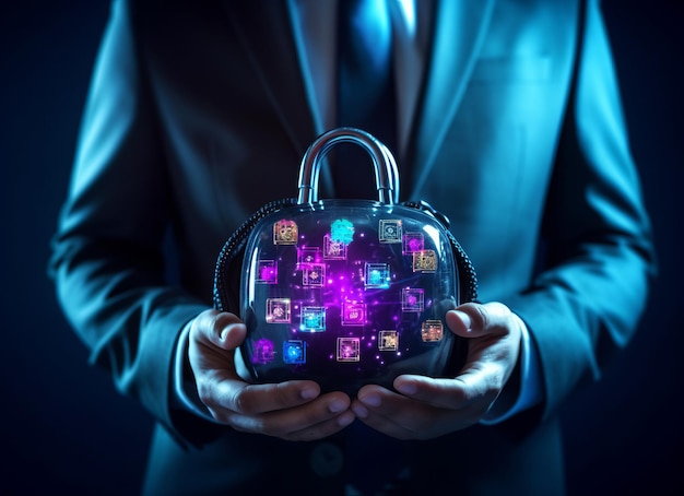 Business man holding a padlock with different icons around it