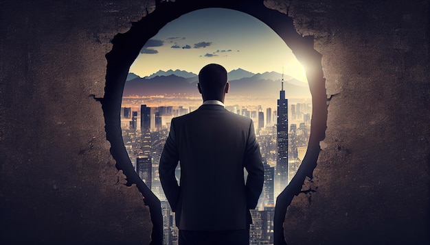 Business man looking at keyhole with bright cityscape concept background