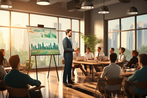 Business man makes a presentation in the office standing behind the easel for the business team