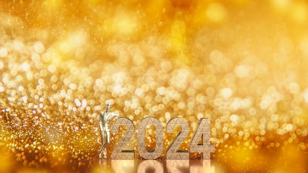 The Business man and number 2024 on gold bokeh Background 3d rendering