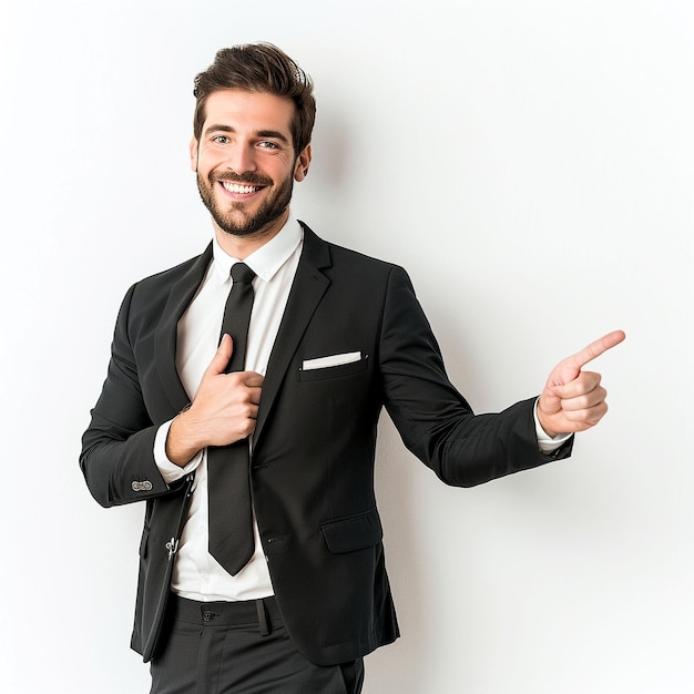 Business man pointing at something next to him and smiling at the camera white background