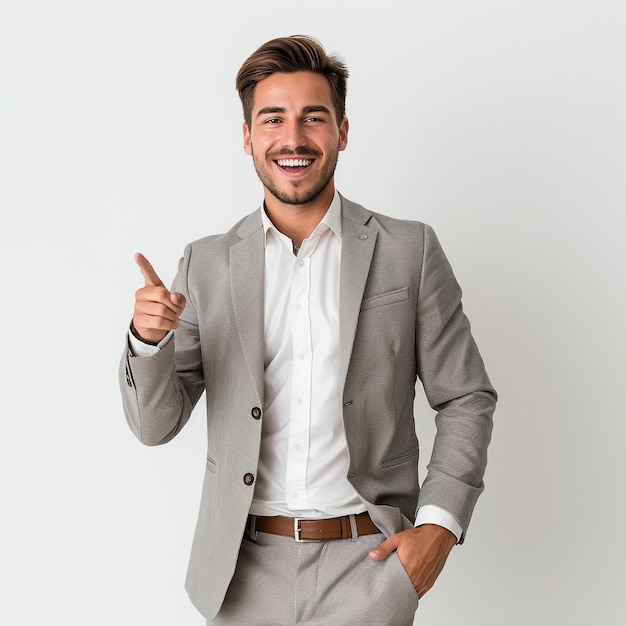 Business man pointing at something next to him and smiling at the camera white background