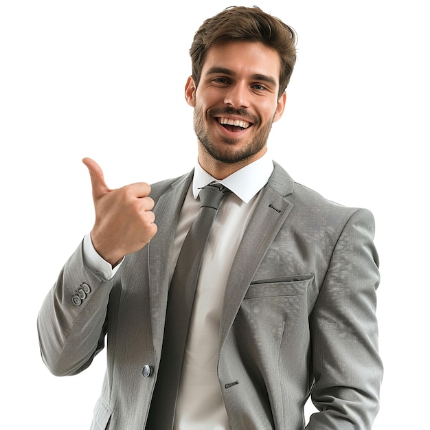 Business man pointing at something next to him and smiling at the camera white background