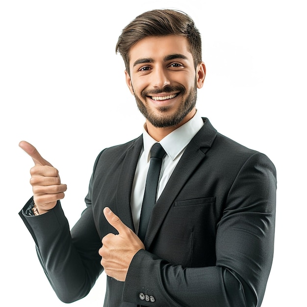 Business man pointing at something next to him and smiling at the camera white background