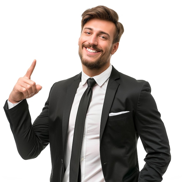 Business man pointing at something next to him and smiling at the camera white background