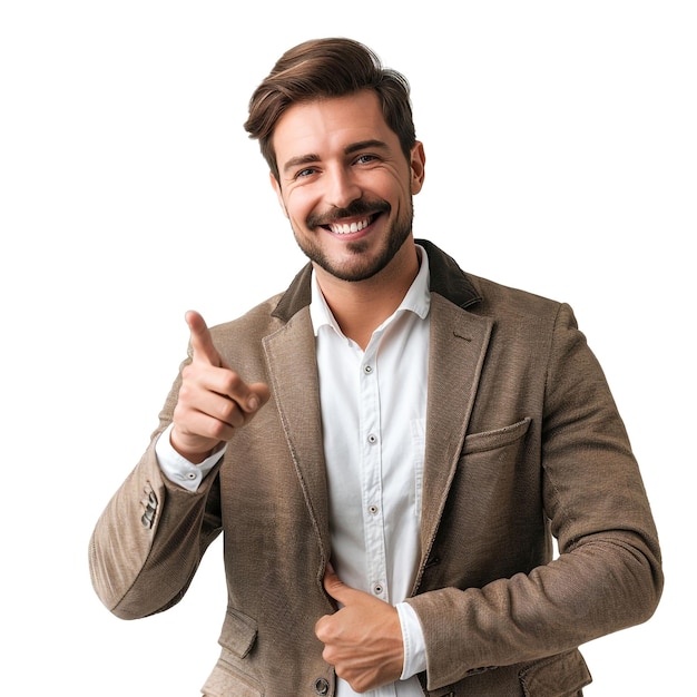 Business man pointing at something next to him and smiling at the camera white background