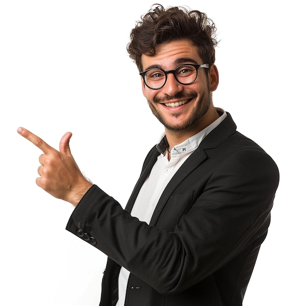 Business man pointing at something next to him and smiling at the camera white background