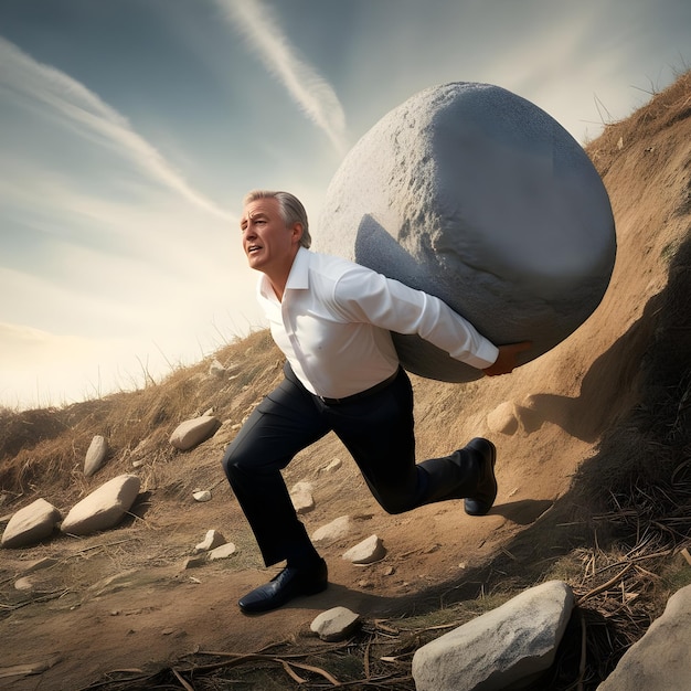 Business man pushing large stone up to hill Business heavy tasks and problems concept