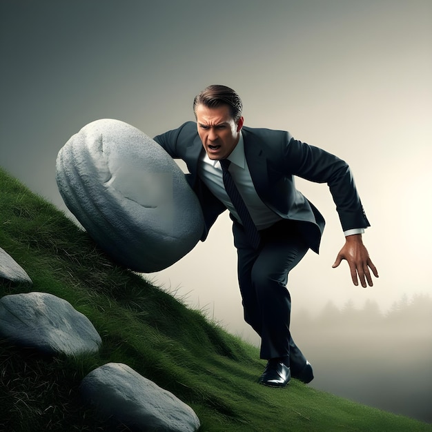 Photo business man pushing large stone up to hill business heavy tasks and problems concept