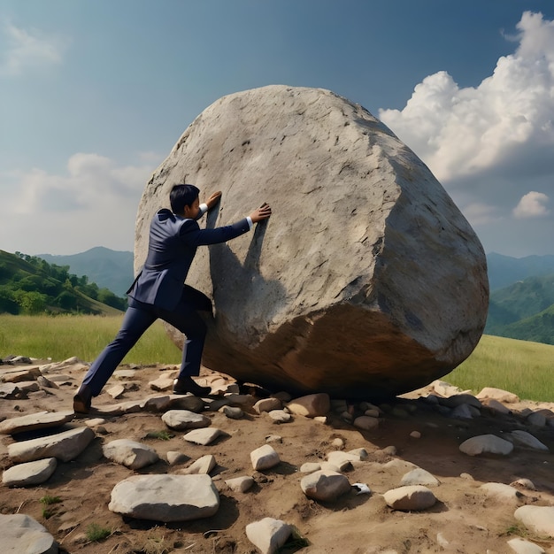 Business man pushing large stone up to hill Business heavy tasks and problems concept