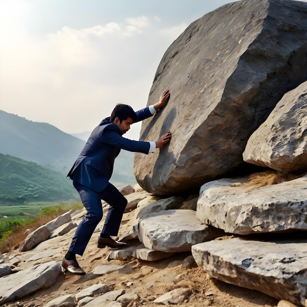 Business man pushing large stone up to hill Business heavy tasks and problems concept