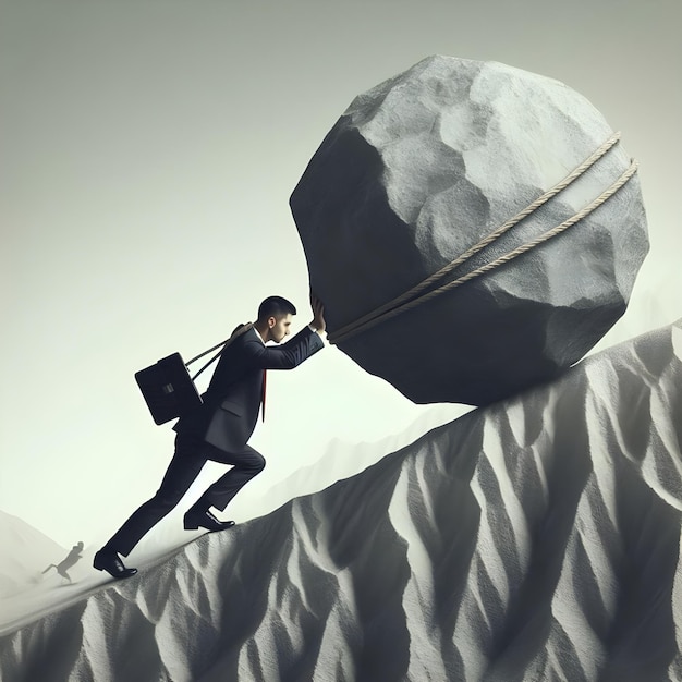 Photo business man pushing large stone up to hill business heavy tasks and problems concept