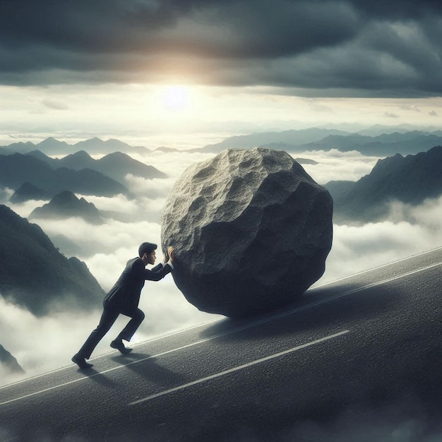 Business man pushing large stone up to hill Business heavy tasks and problems concept