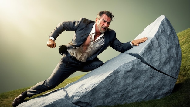 Photo business man pushing large stone up to hill business heavy tasks and problems concept