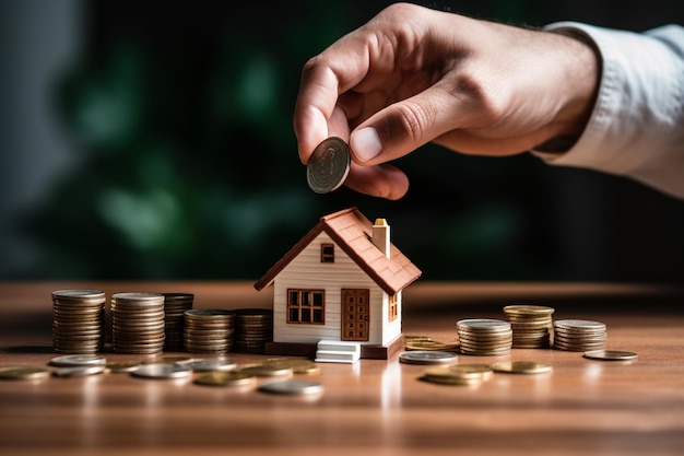 business man putting coin increase on coins stacking with house to saving for property investment