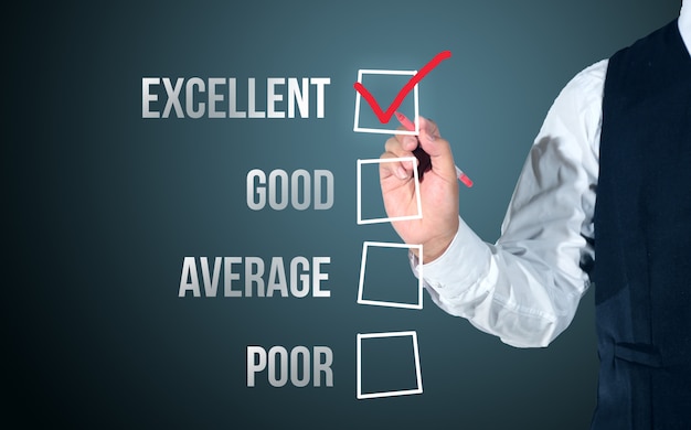 business man select happy on satisfaction evaluation list