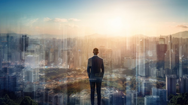 Business man standing back during sunrise overlay with cityscape Illustration AI GenerativexA