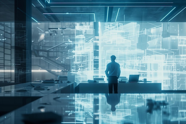 Photo business man standing in futuristic control room with screens monitoring global communication