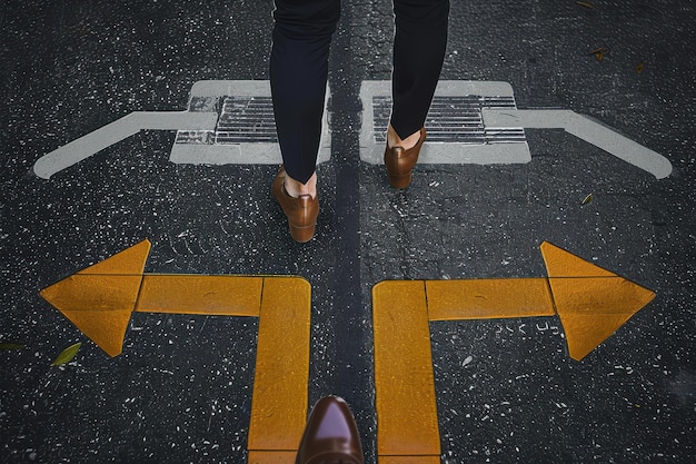 Photo business man standing with left and right directions arrow on asphalt road concept of businessman c