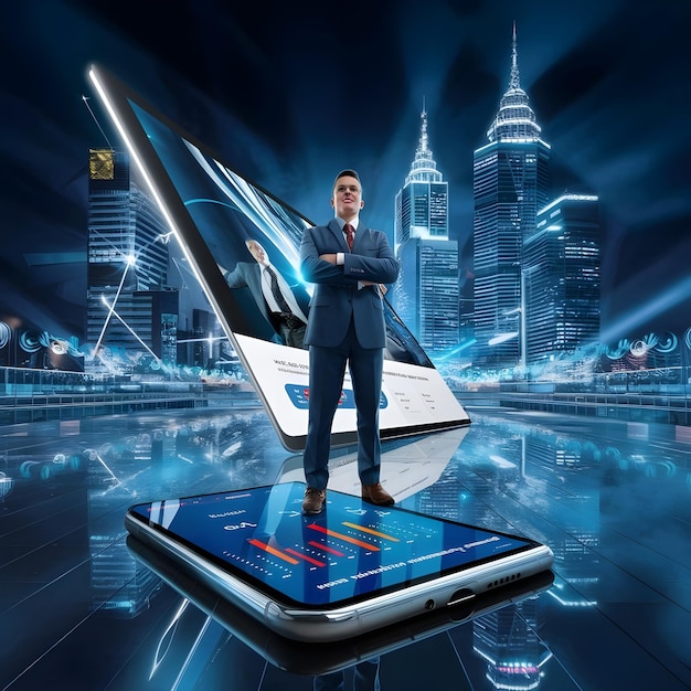 a business man stands in front of a phone