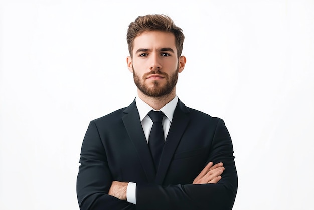 Business man in suit front view portrait on white background