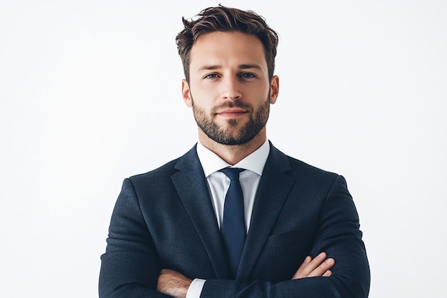 Business man in suit front view portrait on white background