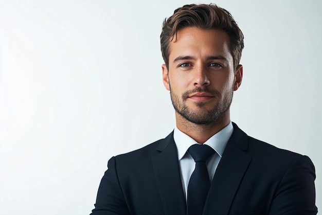 Business man in suit front view portrait on white background