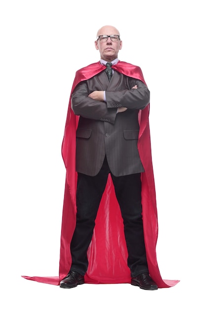 Business man in a superhero raincoat isolated on a white