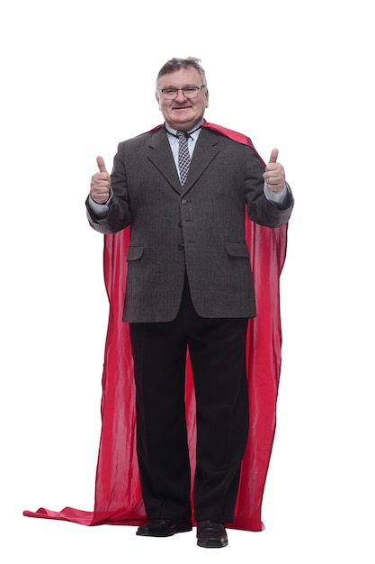 Business man in a superhero raincoat isolated on a white