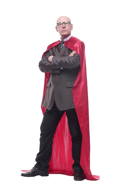 Business man in a superhero raincoat isolated on a white