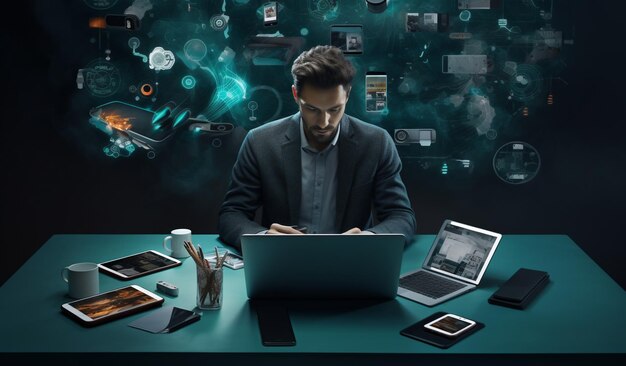 Business man among symbols on touch screen interface Digital transformation networking on computer Overlay ai and business people on ui technology or ux and futuristic big data 5g network