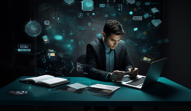 Business man among symbols on touch screen interface Digital transformation networking on computer Overlay ai and business people on ui technology or ux and futuristic big data 5g network