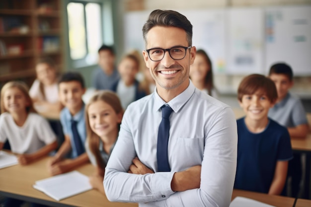 A business man teacher stands in a school auditorium