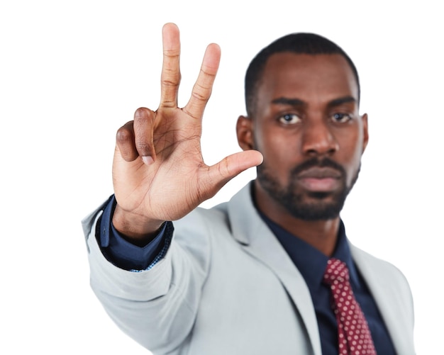 Business man three hand sign and portrait of a corporate employee in a professional suit Serious face white background and isolated worker black man model showing numbers with hands and mock up