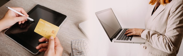 Business man using credit card and calculator for shopping online selective focus