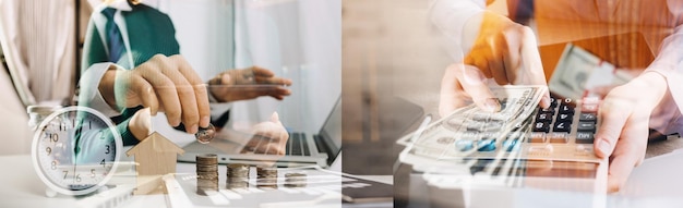 Business man using credit card and calculator for shopping online selective focus