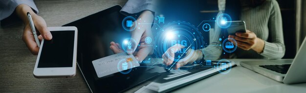 Business man using credit card and calculator for shopping online selective focus