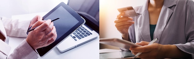 Business man using credit card and calculator for shopping online selective focus