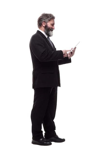 Business man and using a digital tablet isolated on a white